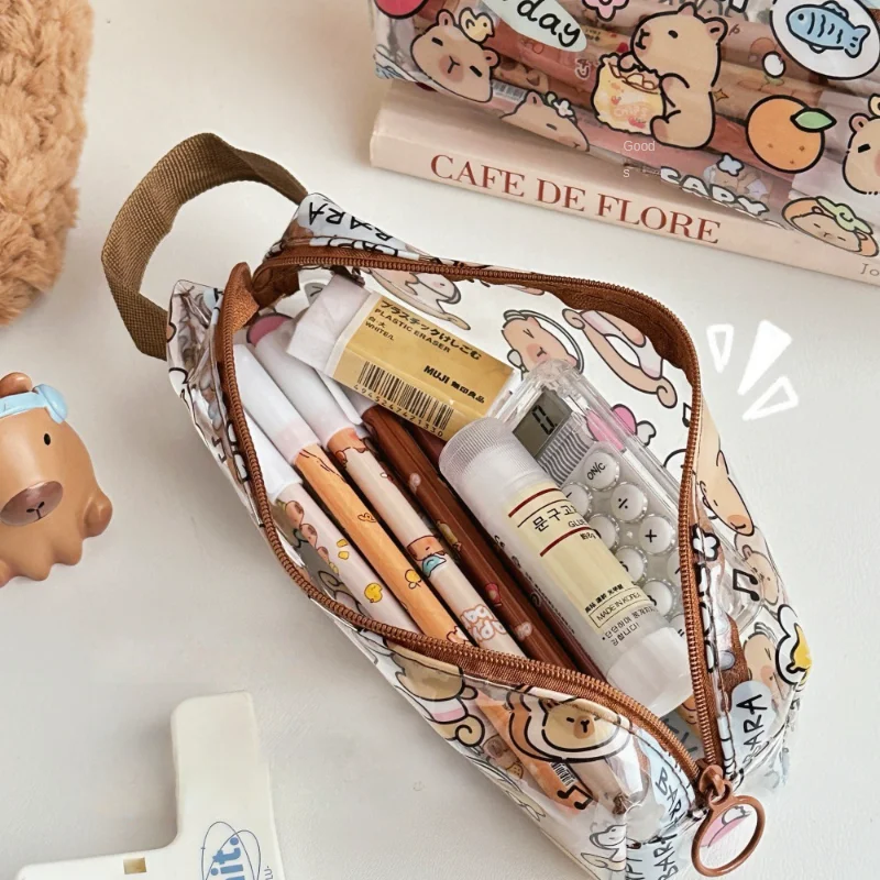 Cute Cartoon Capybara Transparent Pencil Case Large Capacity Dirt Resistant And Waterproof Pencil Case Hand-Held