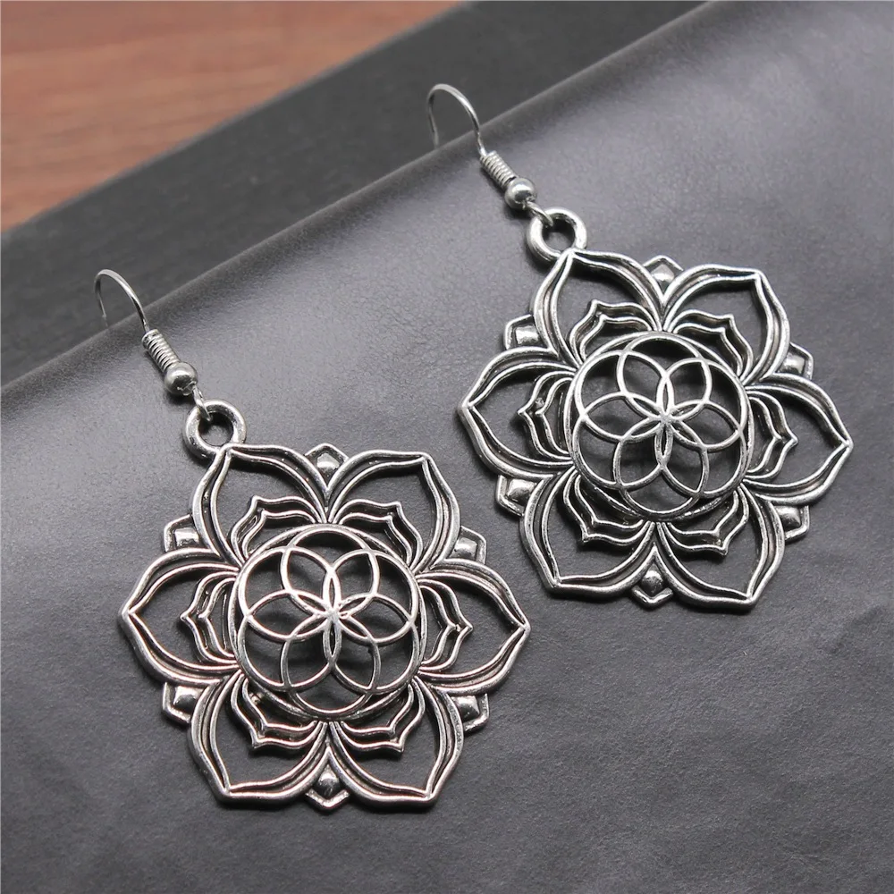 Fashion Handmade Antique Silver Color Flower Of Life Pendant Earrings Women Vintage Drop Earrings dangle earrings drop earrings flower earrings pendant earrings long earrings dome teardrop earrings