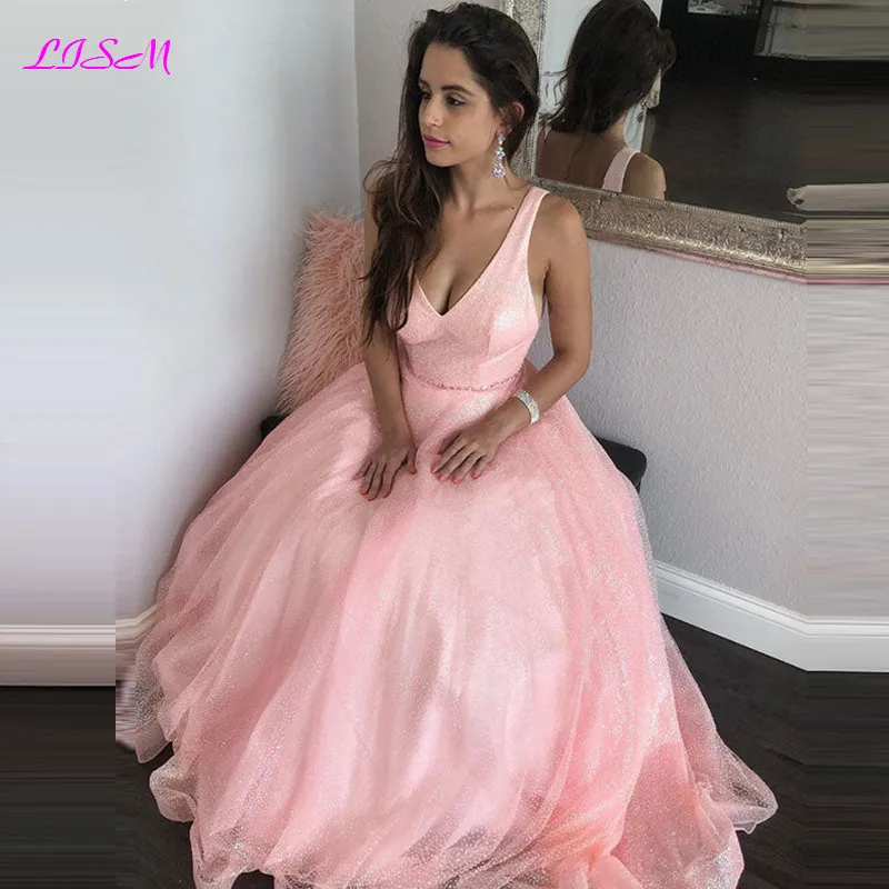 

Pink V-Neck Tulle Sequin Long Prom Dress A-Line Sleeveless Floor Length Evening Party Gowns Simple Prom Party Gowns