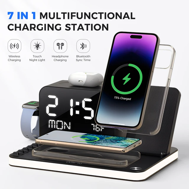 7-in-1 Wireless Charging Dock Phone Stand With Night Light Time and Temperature Display For IPhone Headphones and Watches