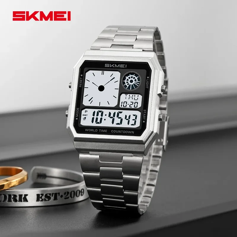SKMEI 2353 Luxury Stainless Steel Watch for Men Digital Sports Waterproof Mens Wristwatches Countdown Alarm 1335 Reloj Hombre