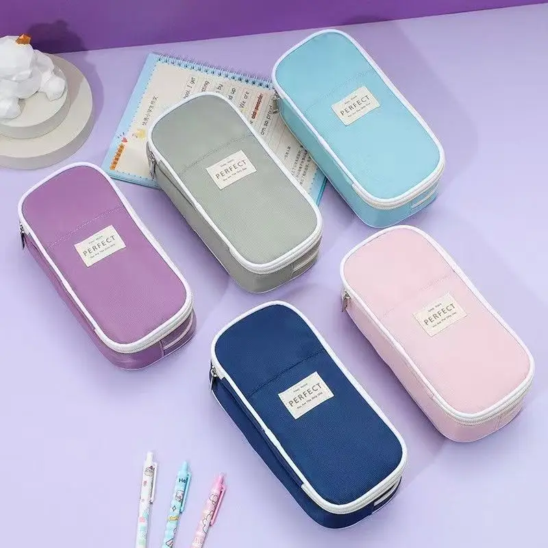 마크론 컬러 블록 캔버스 스트레치 필통 다기능 연필꽂이 심플 대용량 수납 가방