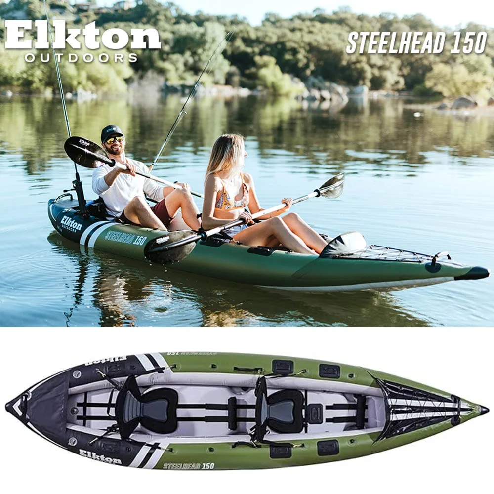 Elkton Outdoors Steelhead Inflatable Fishing Kayak-Angler Blow Up Kayak Includes Paddle Seat Hard Mounting Points, Bungee Storag