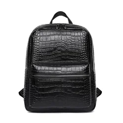 Double Shoulder Men's Crocodile Pattern Head Leather Backpack Leisure Computer Bag Fashion High Schoolbag Backbag Free Shipping