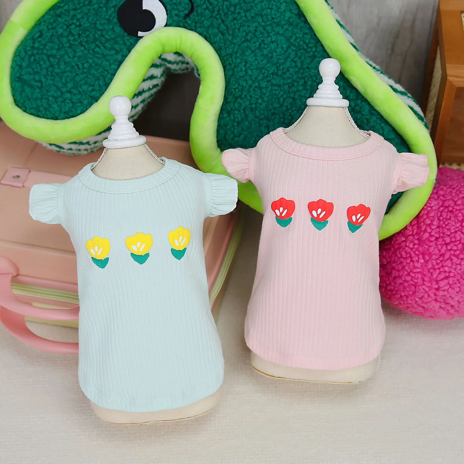 플라잉 슬리브 강아지 조끼 꽃 코튼 티셔츠, 애완동물 의류, 여름 강아지 옷, 10 PCs/로트