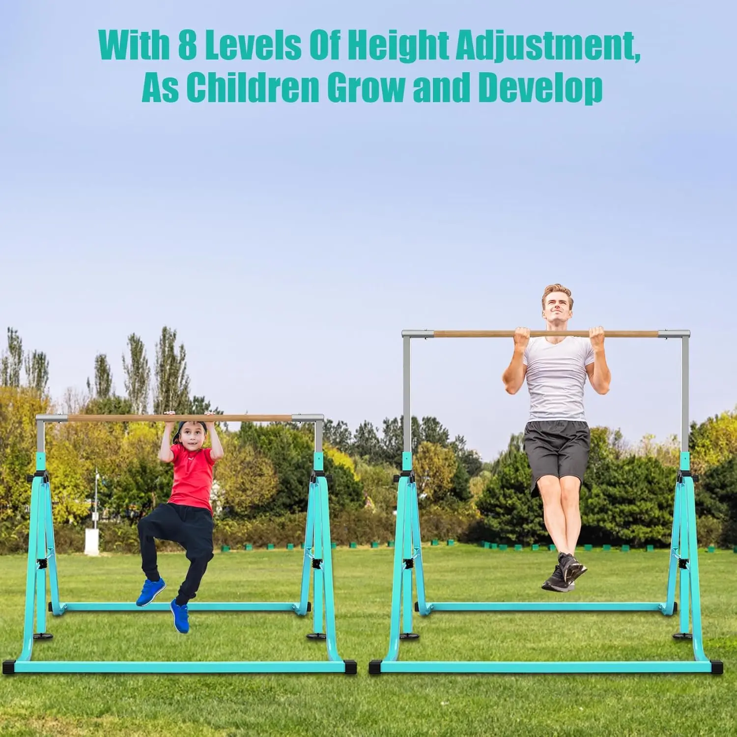 Gymnastics Bar for Kids, 8 Heights Adjustable Easy Folding Gymnastic Training Bar Kids Monkey Horizontal Bars-Max Load 300LBS