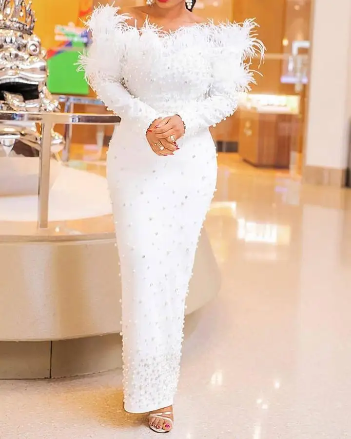 

Autumn Winter Beads Elegant Evening Dress Women's Slim Feather Tassel Bandage Long Sleeve Off Shoulder African Dresses Women