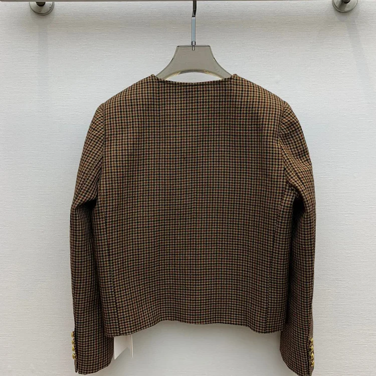 England 2023 Autumn Fashion Women High Quality Plaid Wool-blend O-neck Tweed Coat C013