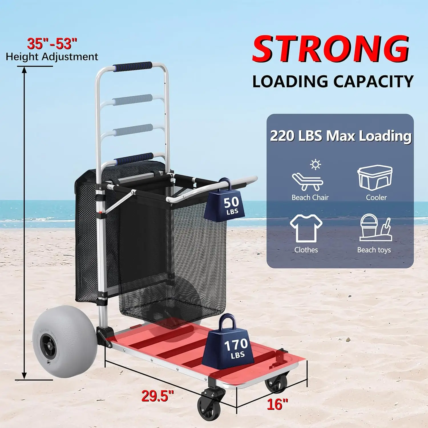 Foldable Beach Cart with Adjustable Handle and 12"Balloon Wheels,Sand Wagon 220LBS Loading Capacity and Large Cargo Deck 29.5x16