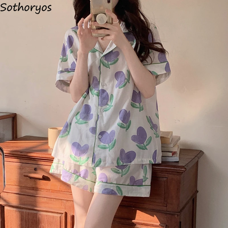 

Pajama Sets Women Ins Sweet Prints Causal Summer Fashion Short Sleeve Loungewear Simple Campus Korean Style Students Two Piece