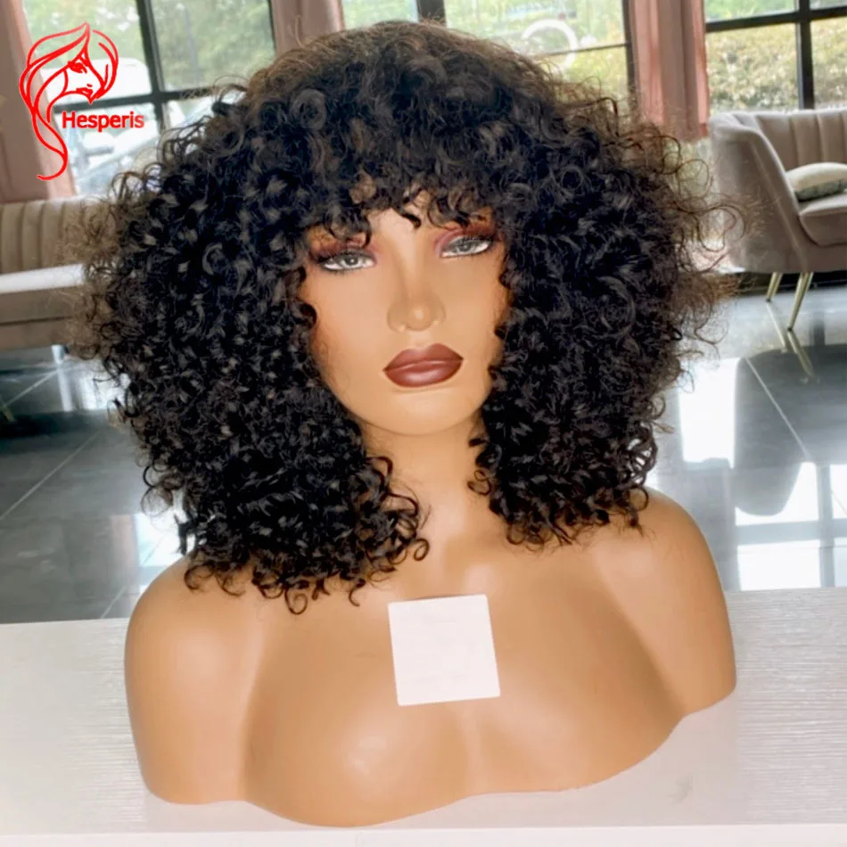 

Hesperis короткие кудрявые парики боб плотность 200 афро кудрявые парики Полный парик из человеческих волос машинная работа с челкой Remy бразильские волосы