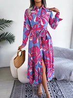 Women Casual Floral Print Long Sleeve Maxi Shirt Dress for Spring Autumn 2026 Elegant Contrast Color Lapel Buttons Long Dresses - Image 5