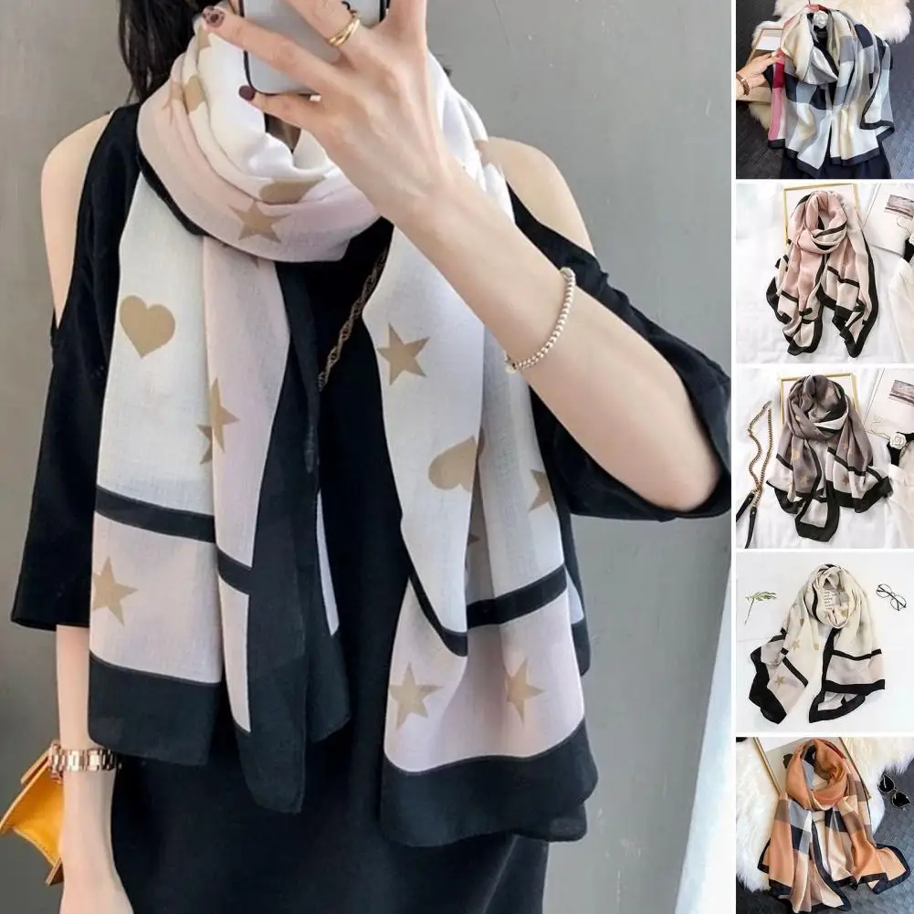 Shawl Wrap Contrast Color Thin Plaid Star Heart Print Soft Casual Keep Warm Cotton Linen Spring Autumn Winter Women Blanket Scar