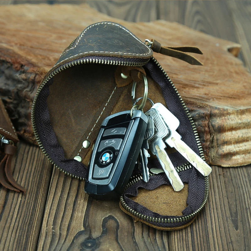 Unisex Creative Retro Crazy Horse Real Leather Key Bag key case key holder key organizer key purse Zipper Key Card Bag Door Car With Retro Leather Men And Women