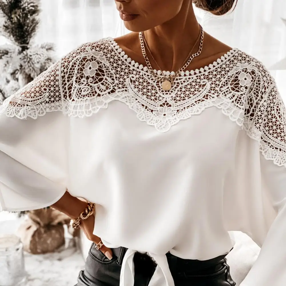 

Ol Style Blouse Women Loose Top Stylish Women's Crochet Lace Blouse Elegant Three Quarter Sleeve Round Neck T-shirt with Solid