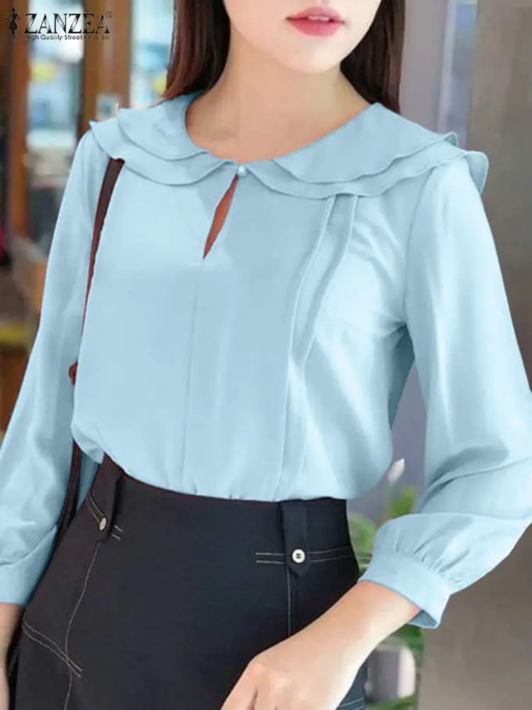 

ZANZEA 2024 Stylish Women Long Sleeve Blouse Stacked Doll Collar Hollow Out Top Spring Solid Pleats Blusas Loose Shirt Oversized