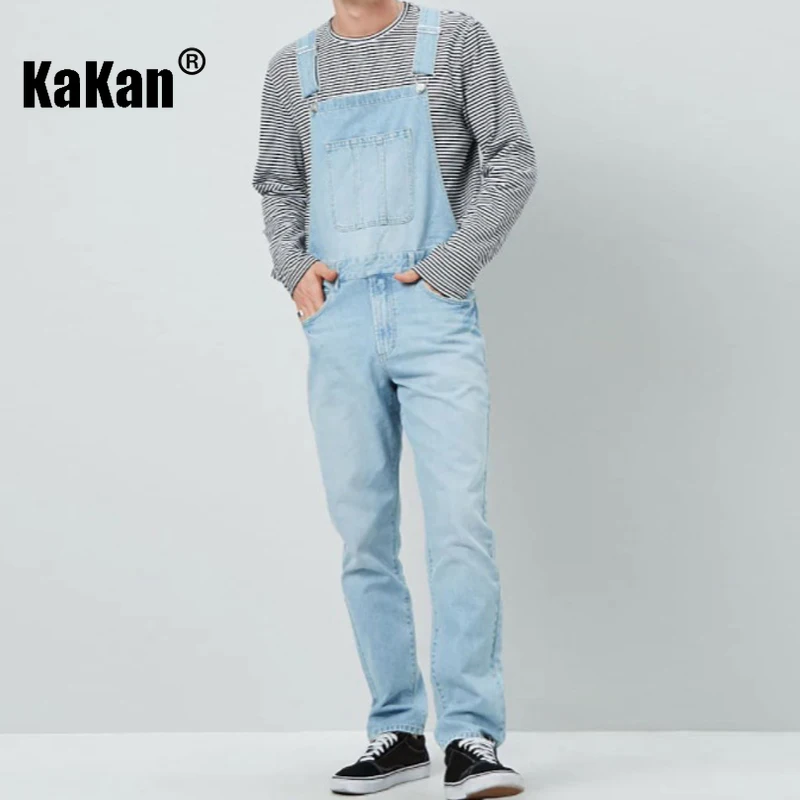 Kakan - European and American New Strap Pants, Strap Jeans, Dark Blue Light Blue Men's Jumpsuit Pants K74-0037