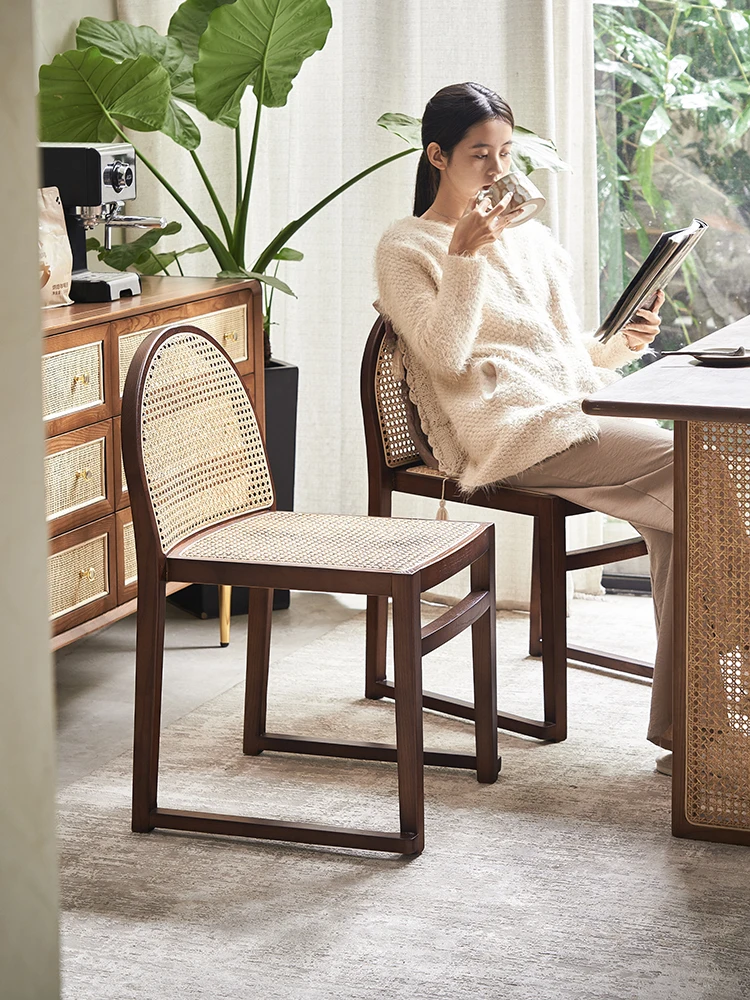 

Nordic rattan solid wood backrest chair overlapping chair home lounge dining chair rattan chair can be stacked