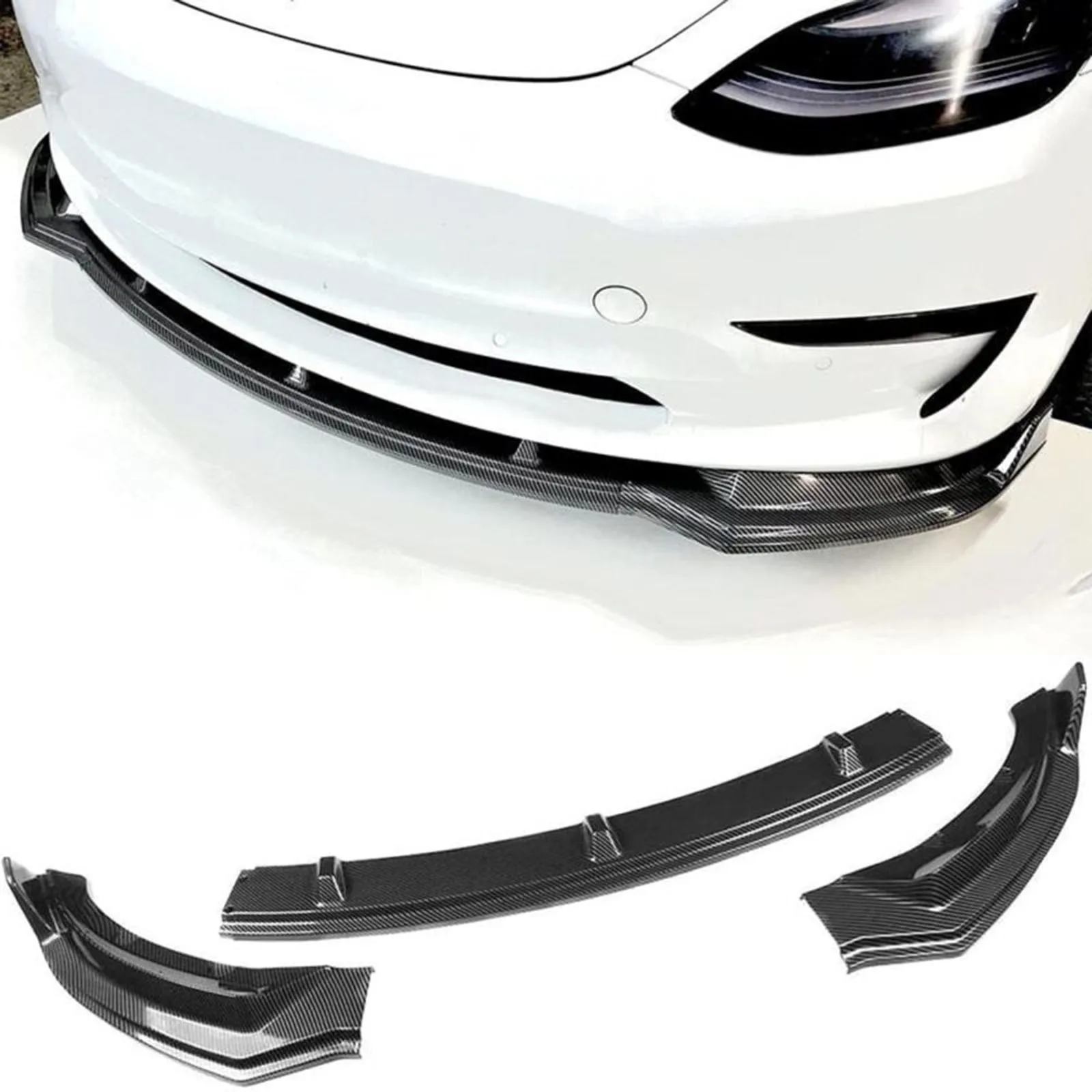 

Комплект губ для переднего бампера 2017-2021 Tesla Model 3 Sedan Carbon Look, 3 шт.