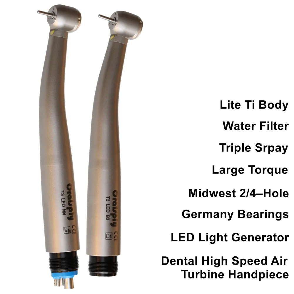 Pieza de mano dental de alta velocidad 2/4 orificios T3 LED M4, turbina de aire con cuerpo de titanio ligero, rodamientos alemanes, triple spray con filtro de agua