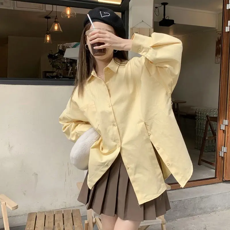 

Женские Однотонные блузки EBAIHUI на пуговицах с отложным воротником свободные элегантные рубашки модные весенне-летние тонкие корейские повседневные женские топы