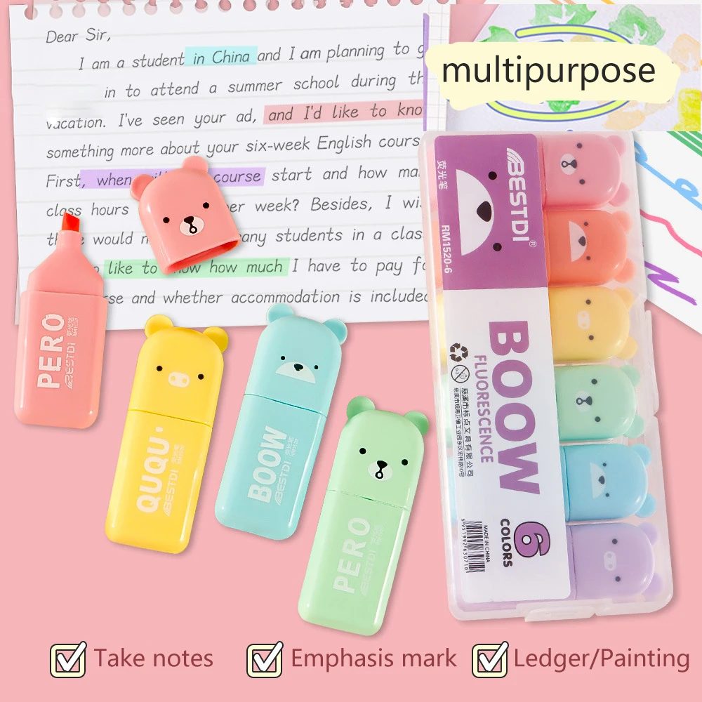 6Pcs Color Mini Highlighter Soft Tip Pens Color Marker Pen Fluorescent Pen School Office Supplies Student Stationery