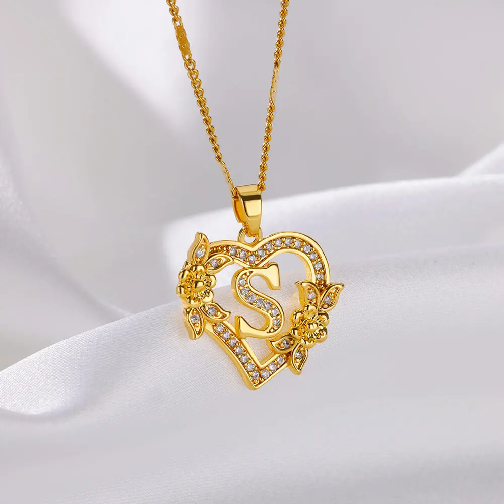Flower Zircon Initial Heart Pendant Necklaces for Women Trend Stainless Steel Letter Necklaces Jewelry Best Friend Gifts pendant necklace