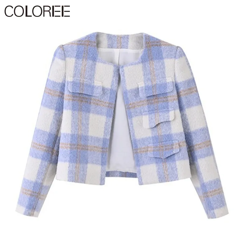 

Purple Plaid Abrigo Mujer Invierno 2023 Autumn Winter Elegant O-neck Short Tweed Jacket for Women New in Outwears Ropa Mujer