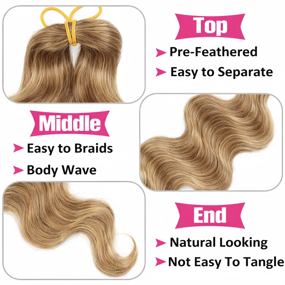 12A Body Wave Knotless Pre-Separated Crochet Hair Extensions Human Hair #27 Honey Blonde Highlight Lightweight Bulk Human Hair 3
