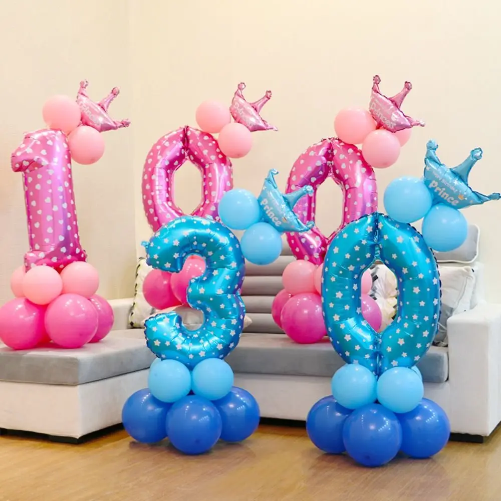 32in Birthday Party Number Balloon Star Print Blue Pink Number 0-9 Foil Balloon Aluminum Film Cartoon Zoo Theme Decoration