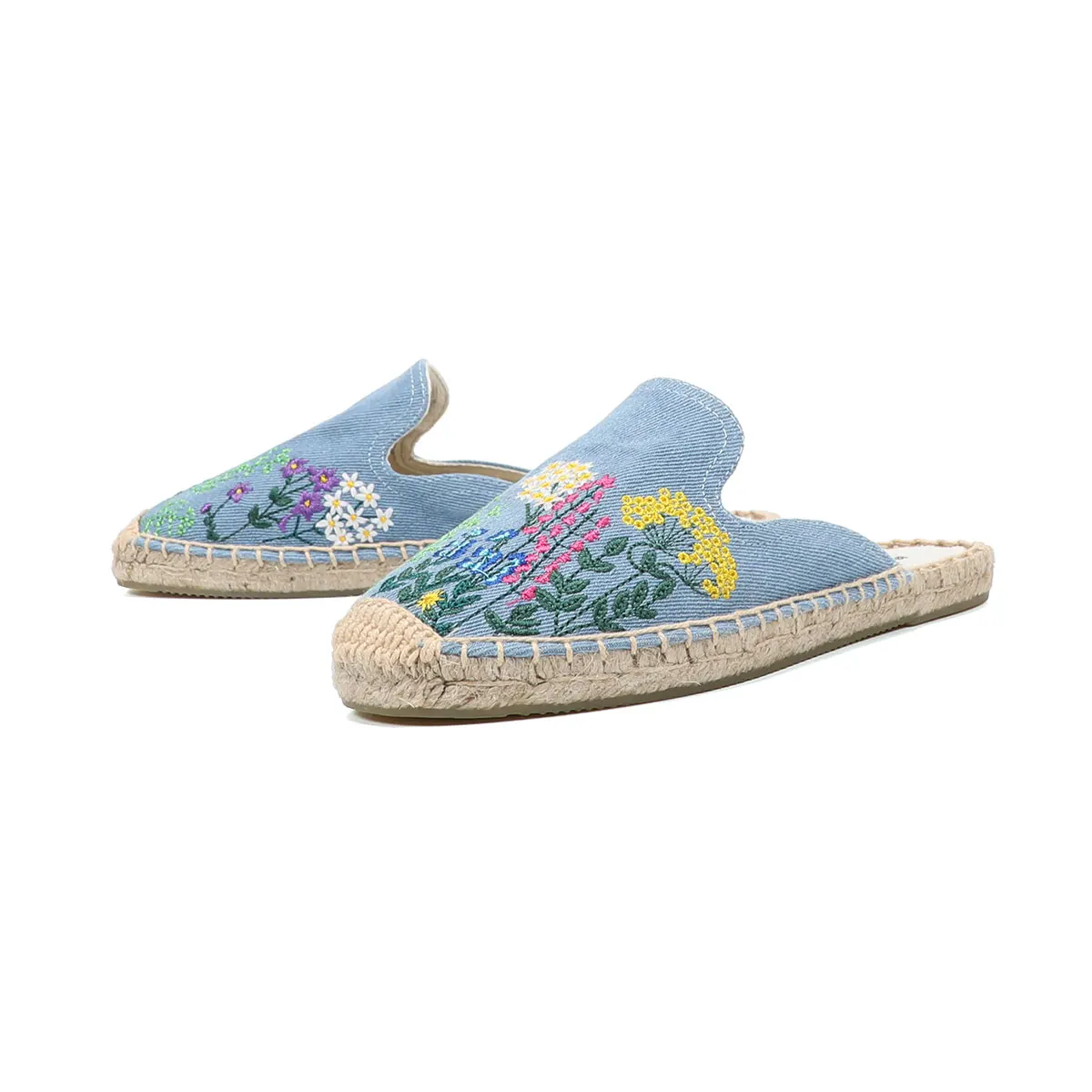 Ladies Summer Fashion Toe Slippers Sandals Flat Comfortable Breathable Slip-On Espadrilles Denim Floral Embroidered Mules