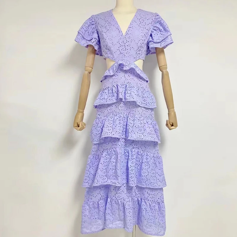 

Women Elegant Embroidery Ruffles Maxi Dress Summer Layered Cutout High Waist Slim Fit Tiered Long Dress