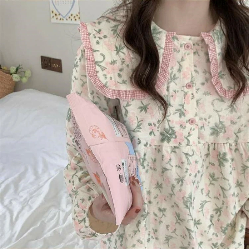 Fashion style pajamas women with good looks new doll collar sweet long-sleeved trousers floral spring autumn home wear set chic