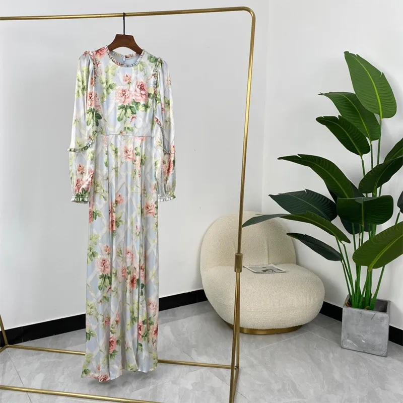 

Spring Hot Sale Flowers Print Frilled Ruffles Full Sleeve Designer Fashion Vintage Long Dresses
