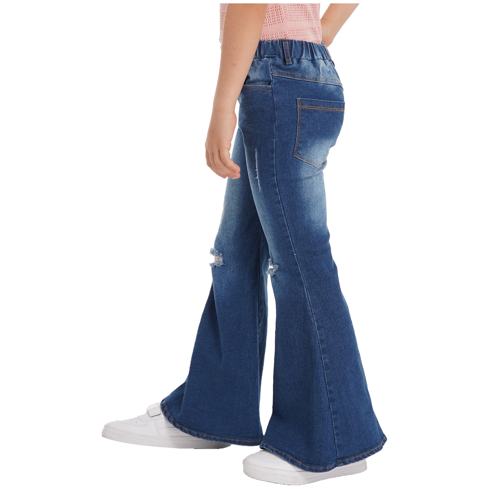 Kids Girls Pants Elastic Waistband Ripped Denim Flare Jeans Hollow Knee Bell-bottom Trousers Slim Fit Long Pants Casual Clothes