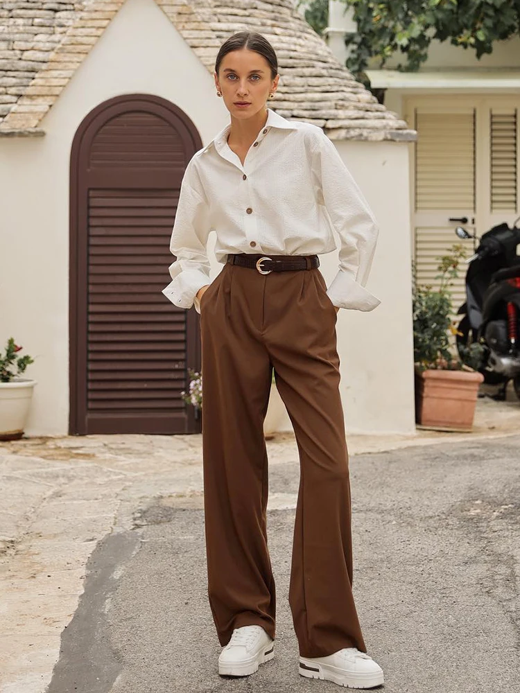 Mnealways18 Vintage Brown Straight Pant Women Street Style Pleated  Floor-length Trousers Double Pockets Casual Female Pants 2022 - Pants &  Capris - AliExpress