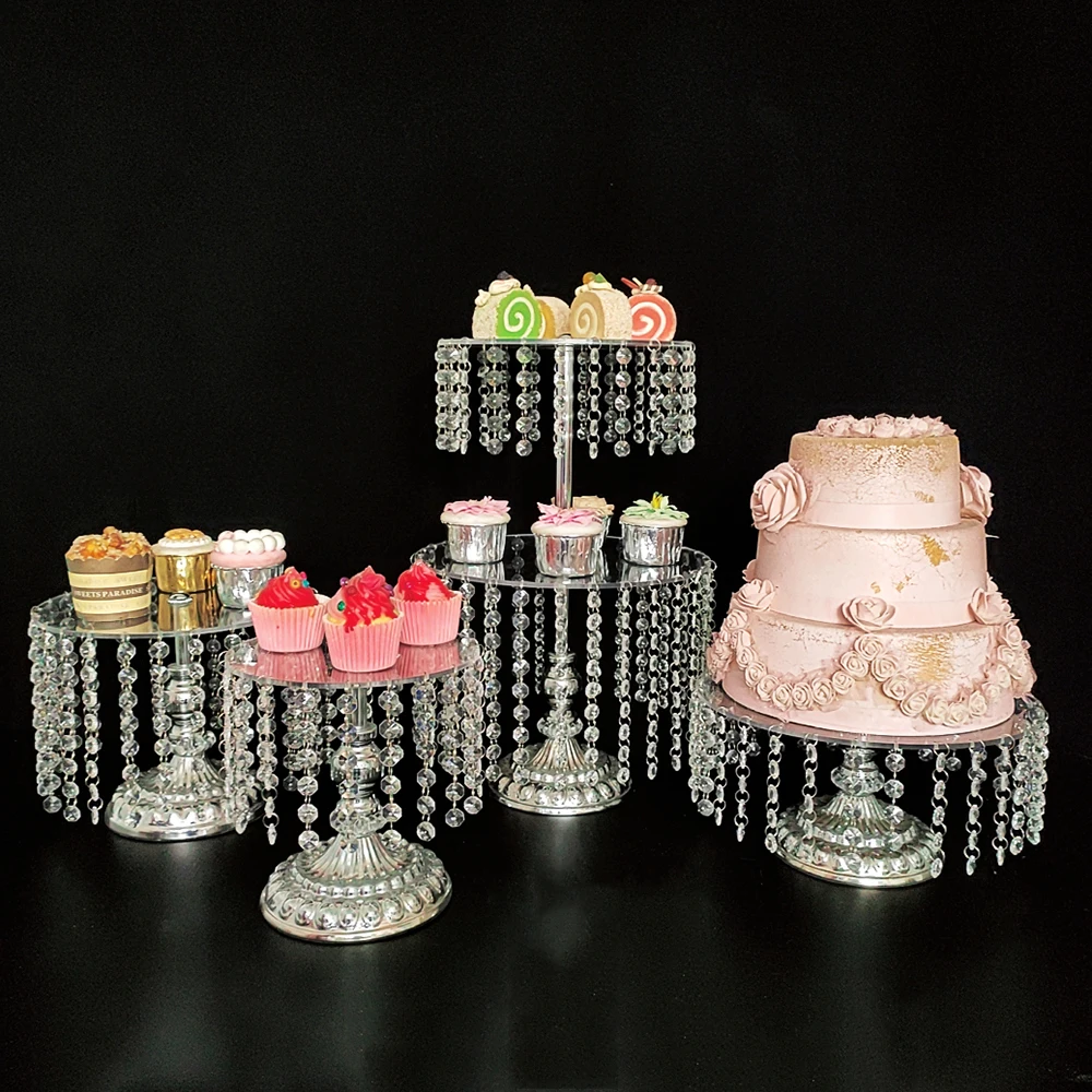 1pcs-3pcs/lot Round Cake Serving Stand with Crystal Dessert Cupcake Pastry with Hanging Acrylic Crystals for Wedding Event