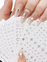 Metallic Silver 3D Star & Heart Nail Art Stickers - Self - Adhesive Design Set (6 Sheets) (Sliver)