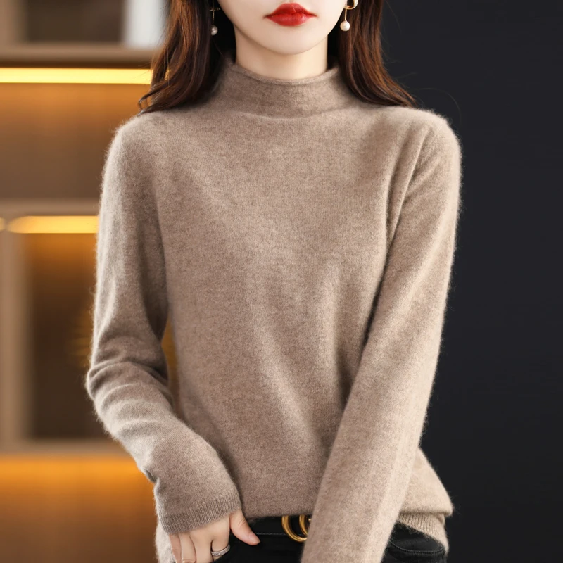 

Autumn and Winter New Women's Sweater 100% Wool Cashmere Sweater Half High Neck Knitted Pullover Loose Fashion Soft Women's Top