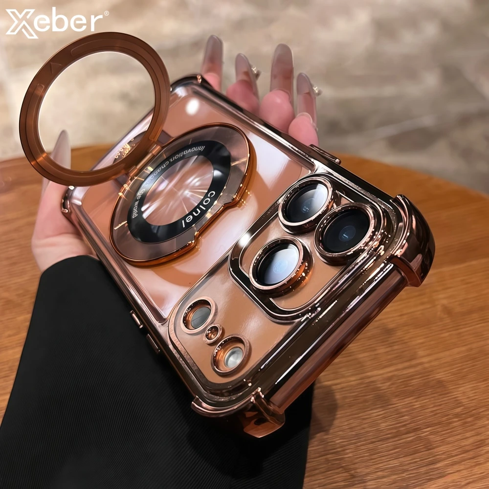 Deluxe Transparent Magnetic Shockproof Case with Adjustable Stand and Plating Finish