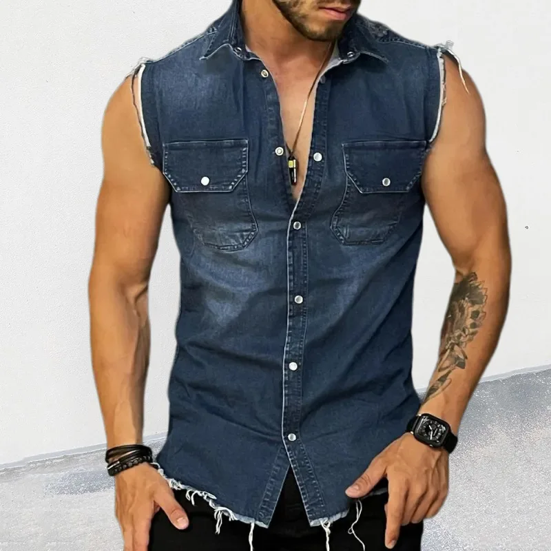 Casual Sle Button up Denim Vest Svel Faionable Summer Top for Young Men Trendy Polyester Fabric Multi kets Design
