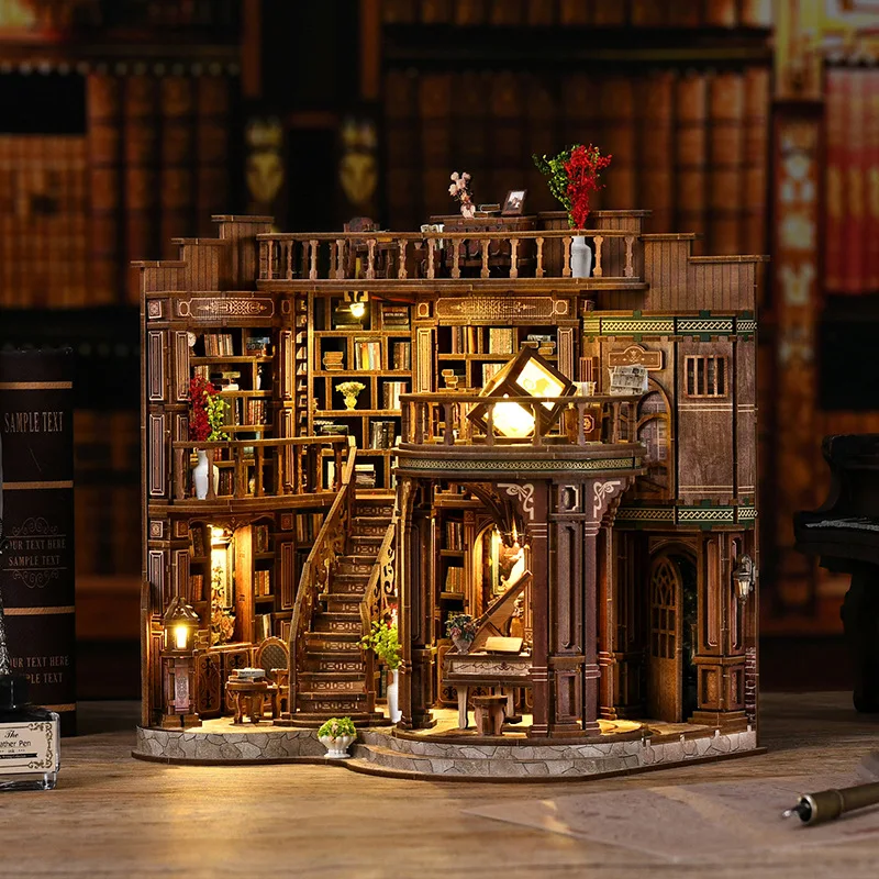 2-in-1 DIY 3D 북엔드 모델 키트 - 블리스 파빌리온 커피숍 & 드림 스터디 홀 라이트업 미니어처 수제 생일 선물 장난감