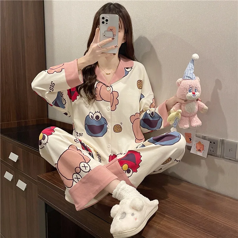 Long Sleeved Women Pijama Cartoon 2022 New Spring Pajamas Anime Home Clothes V Neck Girls Sleepwear Thin Fashion Pyjama 2 Pcs