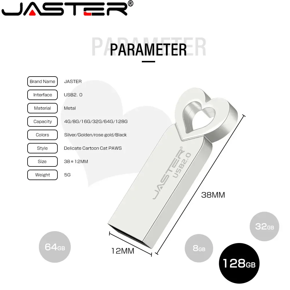 JASTER High Speed USB Flash Drives 64GB 100% Real Capacity Pen Drive 32GB Mini Heart Metal Memory Stick Creative Business Gifts