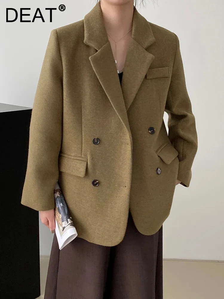 

DEAT Fashion Women's Woolen Blazer Notched Long Sleeves Double Breasted Loose Split Suit Jackets Winter 2023 New Tide 7AB2051