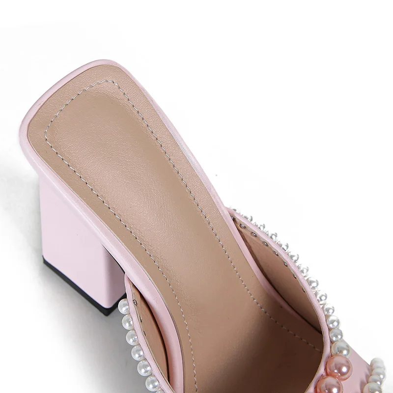 Kcenid Fashion String Bead Peep Toe Slippers Ladies Elegant Sandals High Heels Sexy Women Mules Shoes Woman Square Heel Slippers