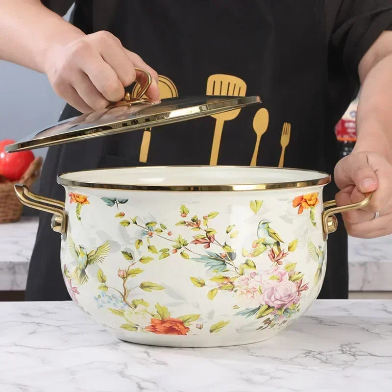 Arrived Enamel Cooker Bird Song Flower Fragrance Double Ear Stewing Pot Thick Soup Pan For Electric Stove And Gas