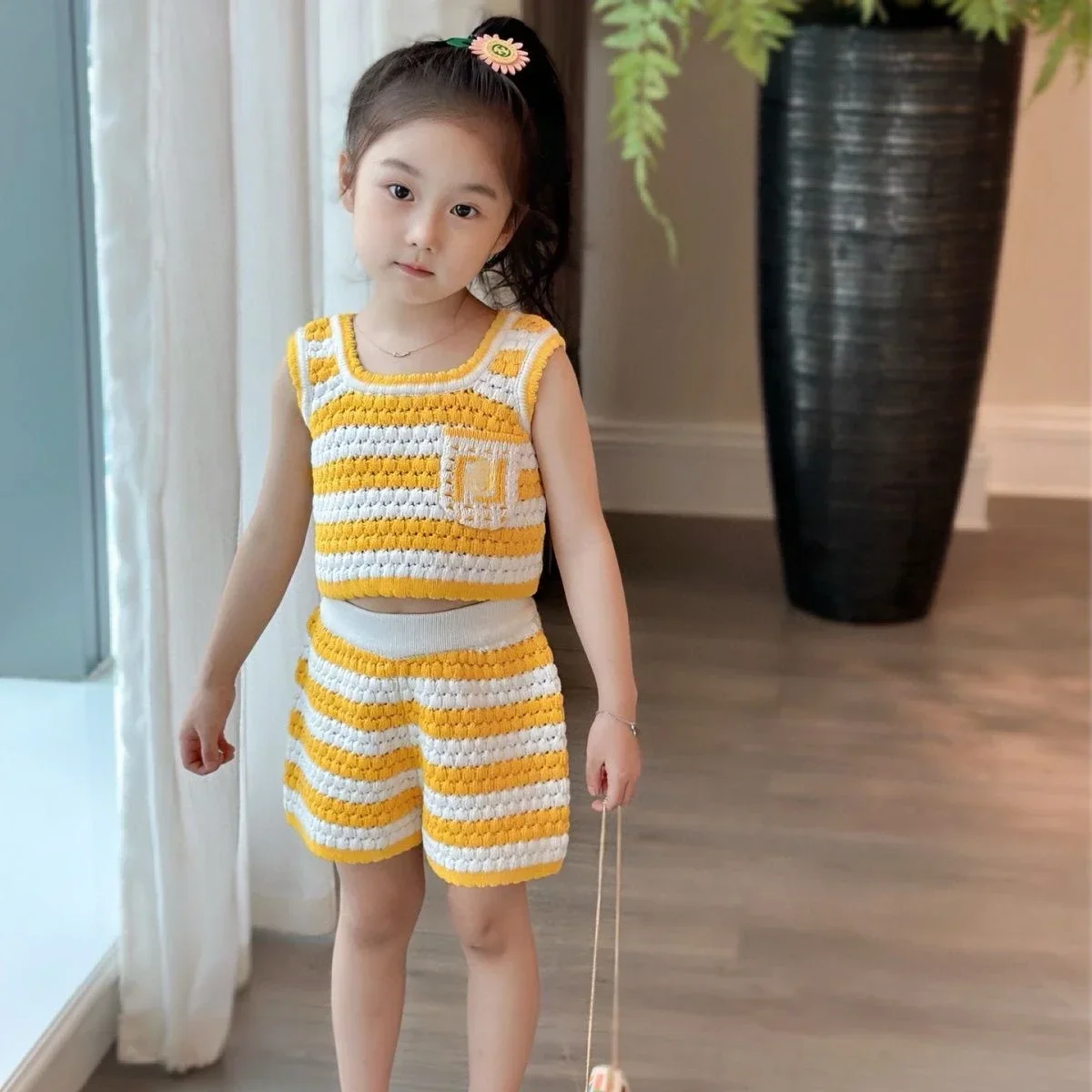 

2024 Summer Children Clothes Set Girl's Vacation Tank Top with Strap Knitted Set, Two Piece Set, Fashion Trendy Style Clothing