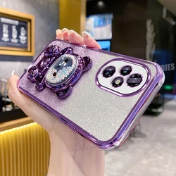 Cute Bear Holder Plating Silicone Shockproof Stand Case for Honor 50 Pro (SFCZX Purple)