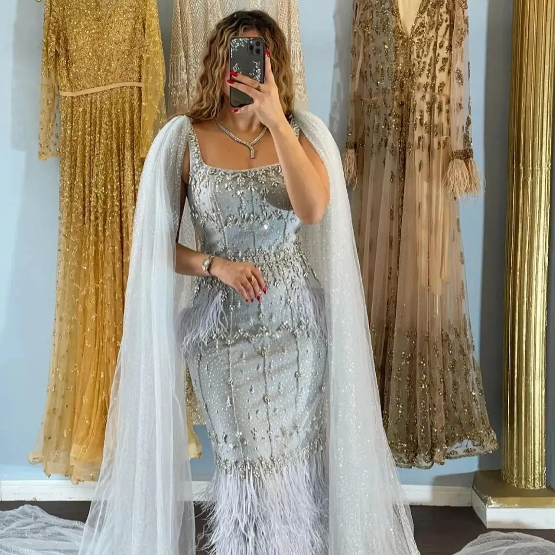 

BABYONLINE Prom Dress Embellished Sheath Dress With Sequin Cape Rhinestone Handwork Sexy Feather Dubai Arabic Formal Gown